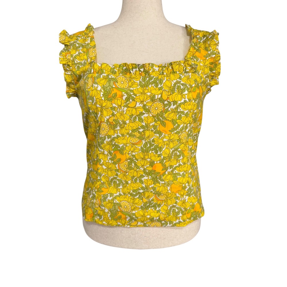J. Crew Women Yellow Citrus Floral Smocked Back Ruffle Top BR649 XL NEW